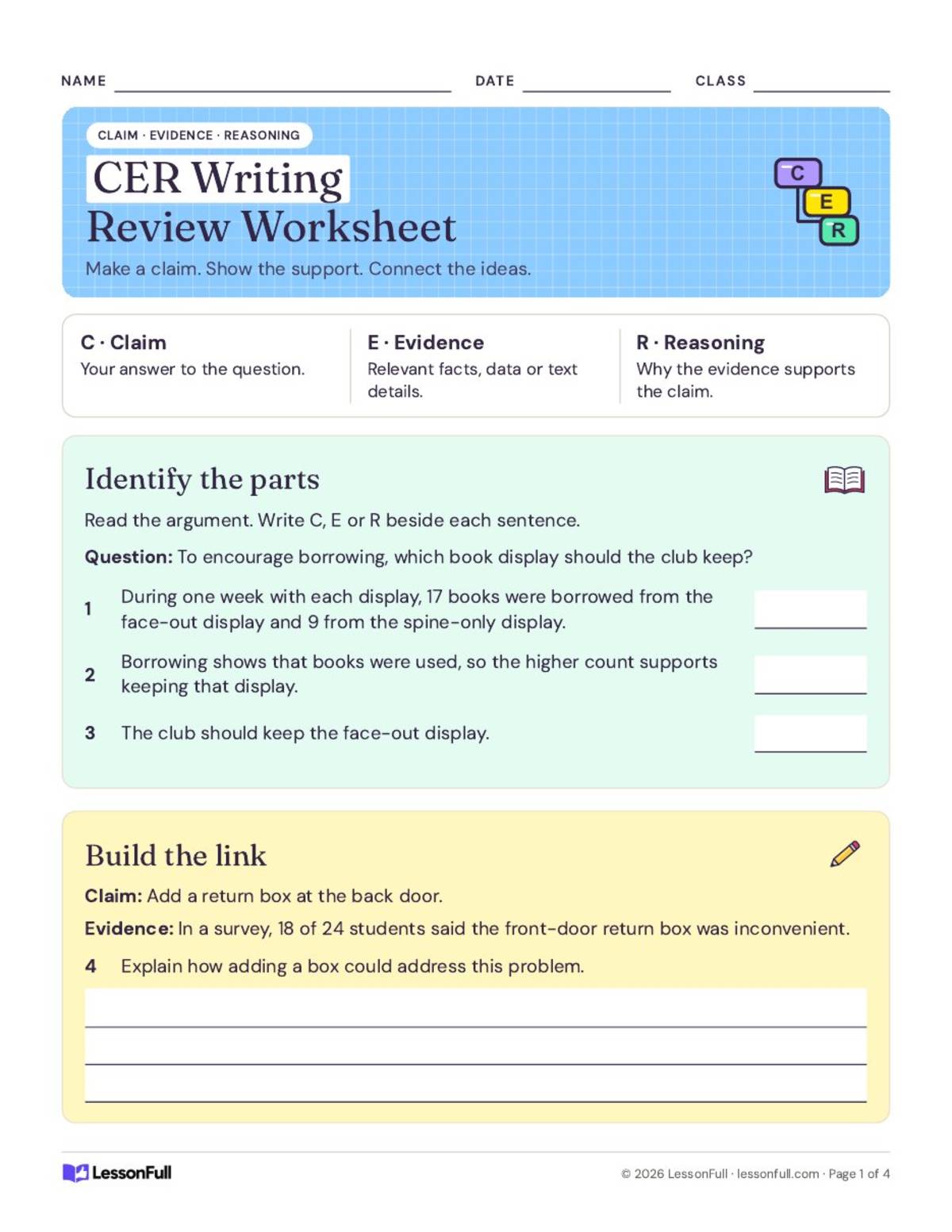 C-E-R Writing Review Worksheet (Claim, Evidence, Reasoning) preview