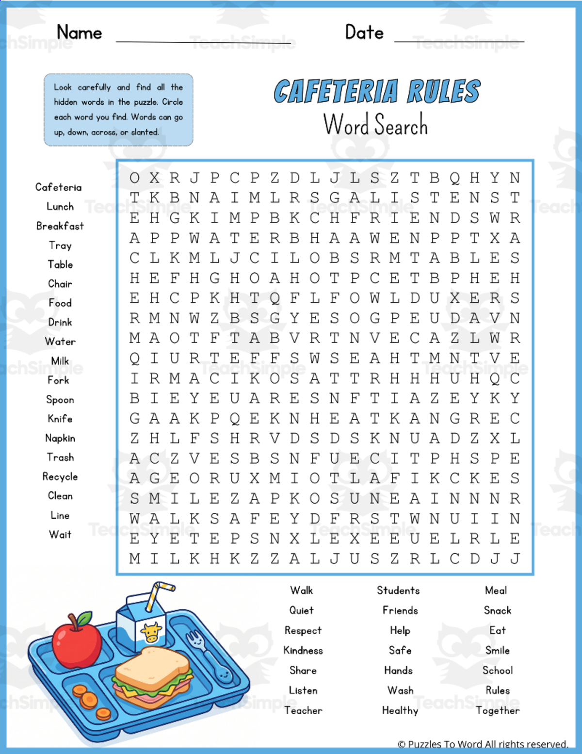 An educational teaching resource from Puzzles To Word entitled Cafeteria Rules Word Search Activity Back to School Lunchroom Puzzle downloadable at Teach Simple.
