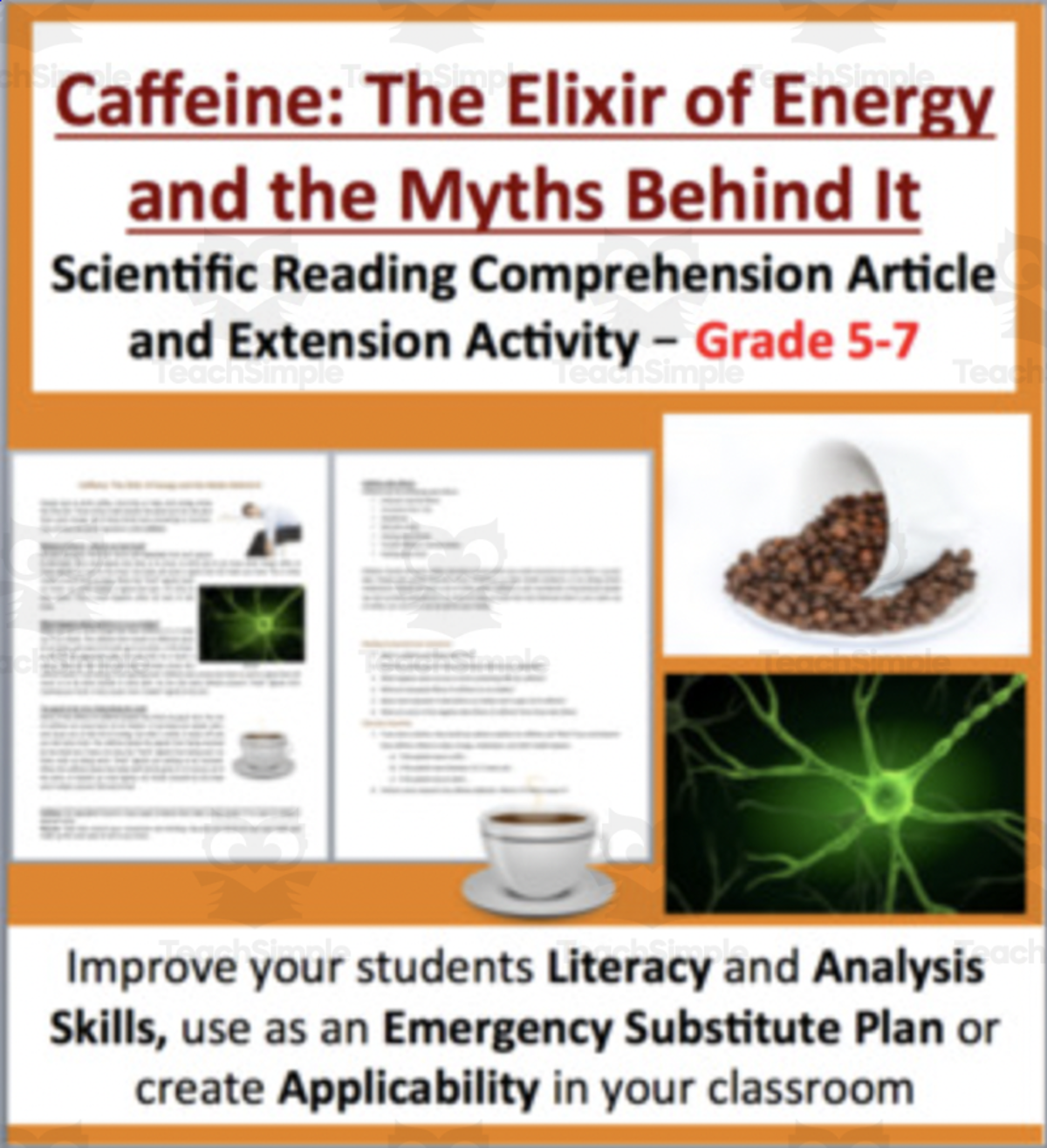 An educational teaching resource from Teach With Fergy entitled Caffeine: The Elixir of Energy Reading Comprehension Article downloadable at Teach Simple.