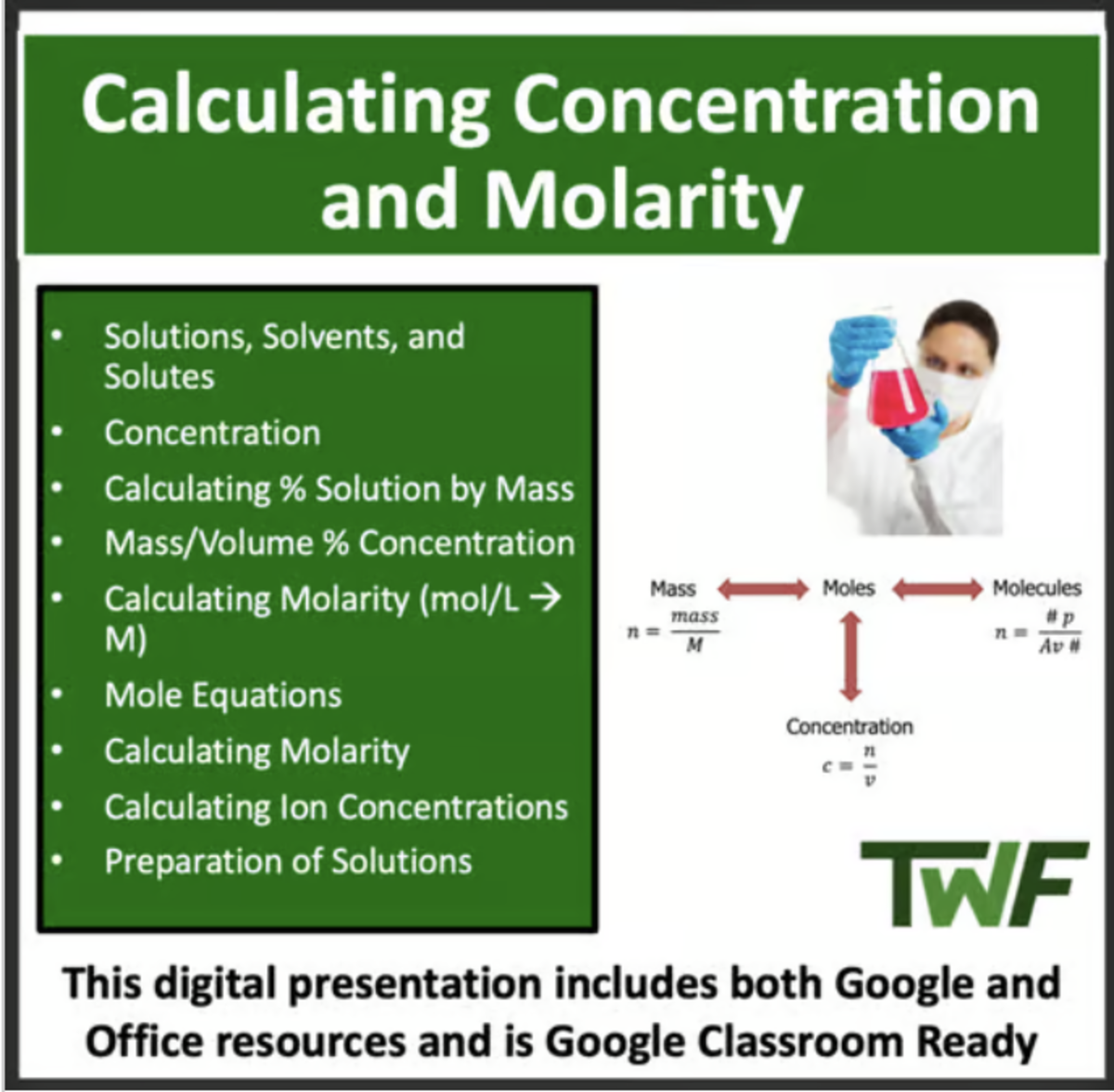 An educational teaching resource from Teach With Fergy entitled Calculating Concentration and Molarity - Senior Chemistry lesson downloadable at Teach Simple.