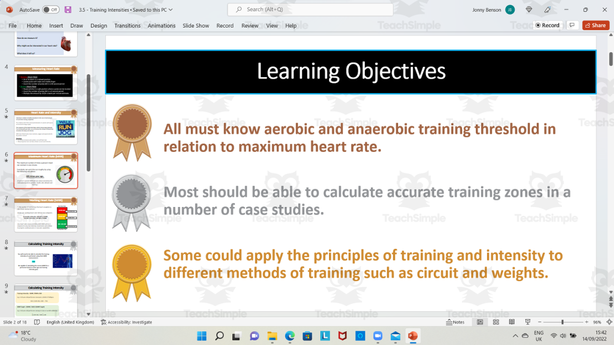 An educational teaching resource from The PE Tutor entitled Calculating Training Intensities downloadable at Teach Simple.