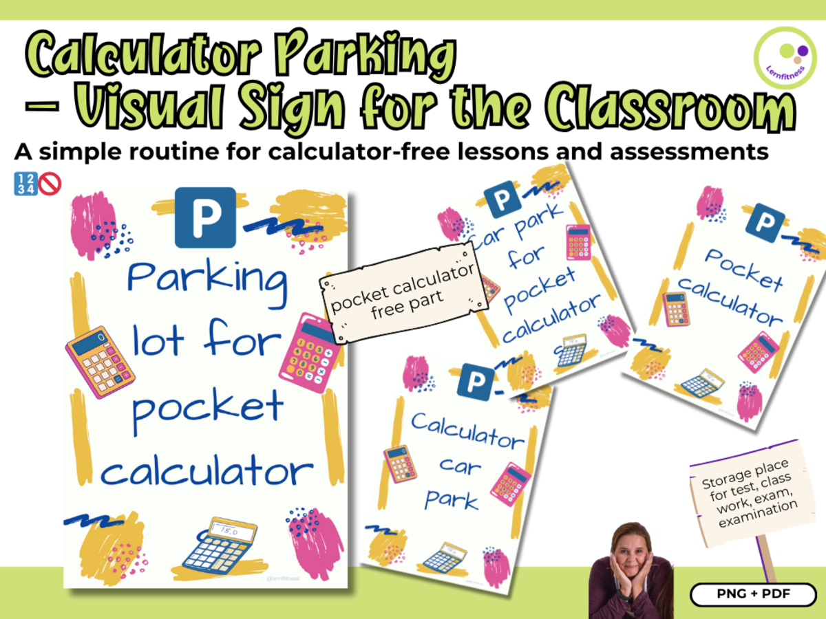 An educational teaching resource from Lernfitness entitled Calculator Parking – Visual Sign for the Math Classroom downloadable at Teach Simple.
