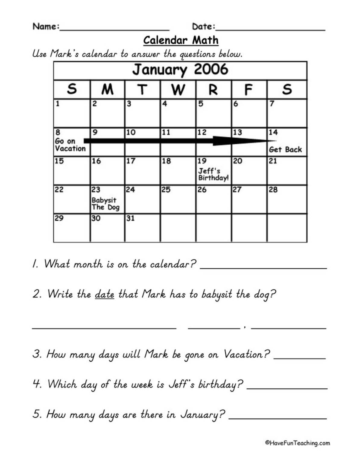 An educational teaching resource from Have Fun Teaching entitled Calendar Math Worksheet downloadable at Teach Simple.