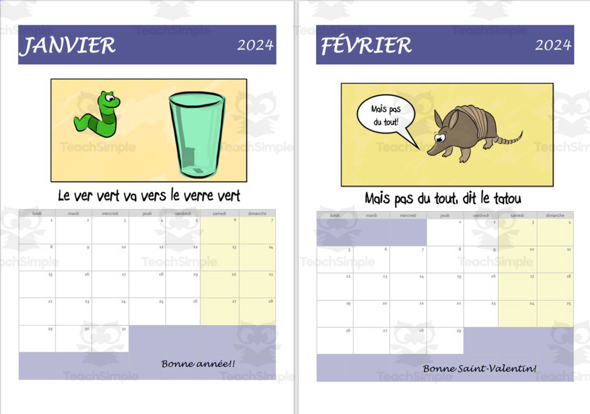 An educational teaching resource from Laprofdefrancais' Shop entitled Calendrier 2024- French Calendar- Tongue Twisters downloadable at Teach Simple.