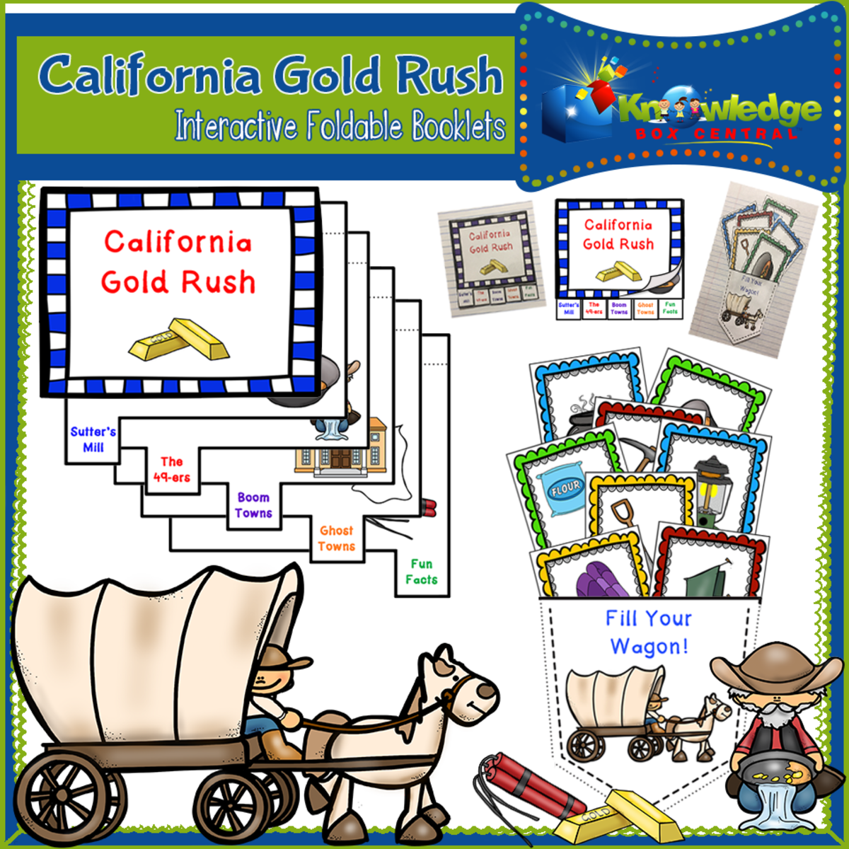 An educational teaching resource from Knowledge Box Central entitled California Gold Rush Interactive Foldable Booklets - EBOOK downloadable at Teach Simple.