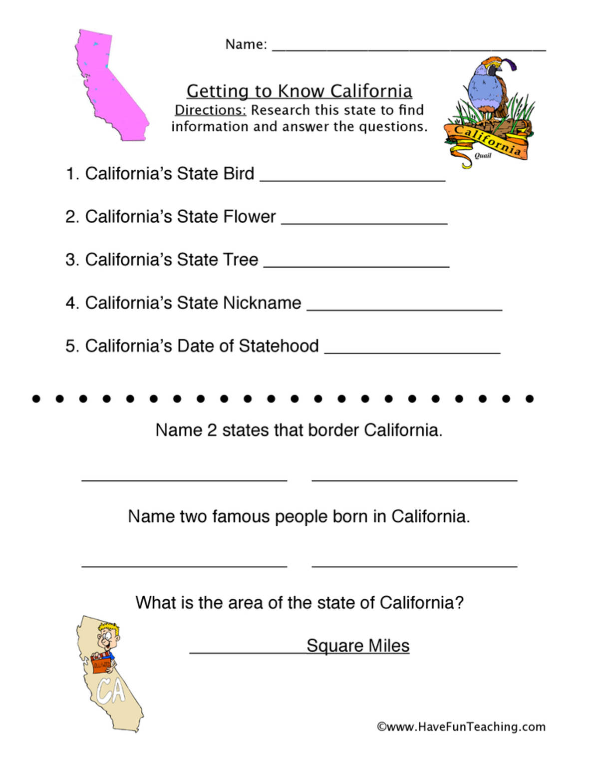 An educational teaching resource from Have Fun Teaching entitled California Worksheet downloadable at Teach Simple.