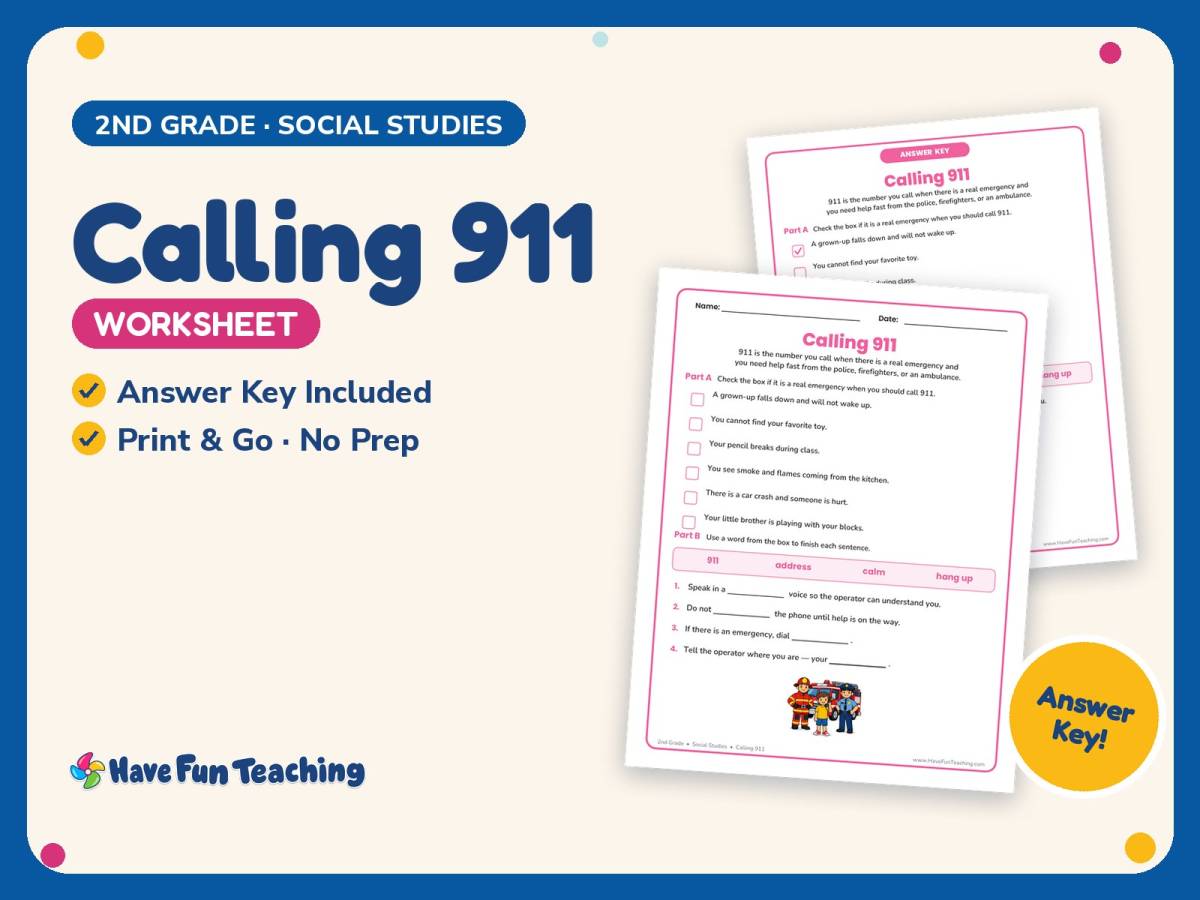 Calling 911 Worksheet – 2nd Grade Community Practice + Answer Key preview