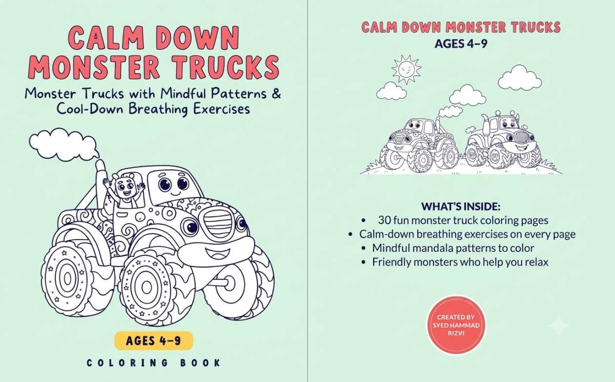 An educational teaching resource from Creative Book Store entitled Calm Down Monster Trucks Coloring Book downloadable at Teach Simple.