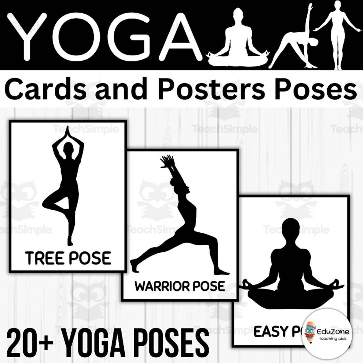 An educational teaching resource from Style Your Classroom entitled Calming Yoga Poses Posters: 20+ Black and White for Stress Relief! downloadable at Teach Simple.