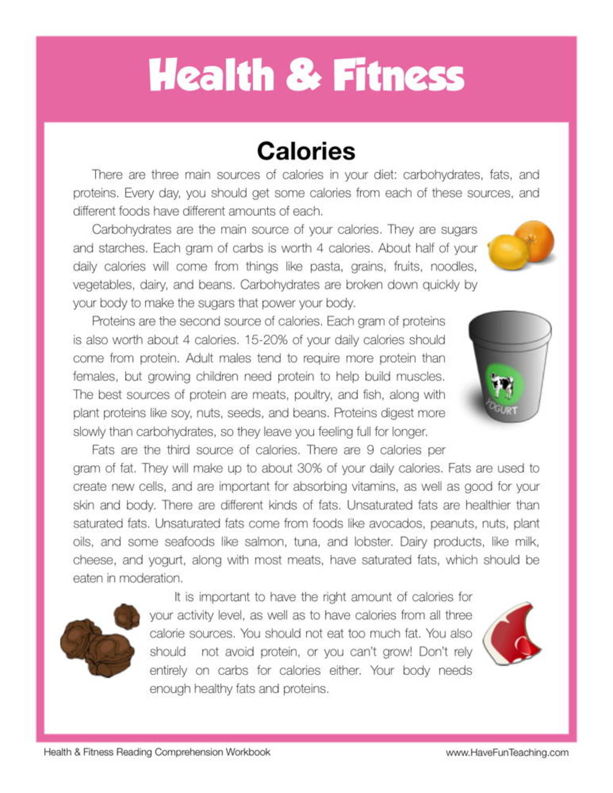 An educational teaching resource from Have Fun Teaching entitled Calories Health and Fitness Reading Comprehension Worksheet downloadable at Teach Simple.
