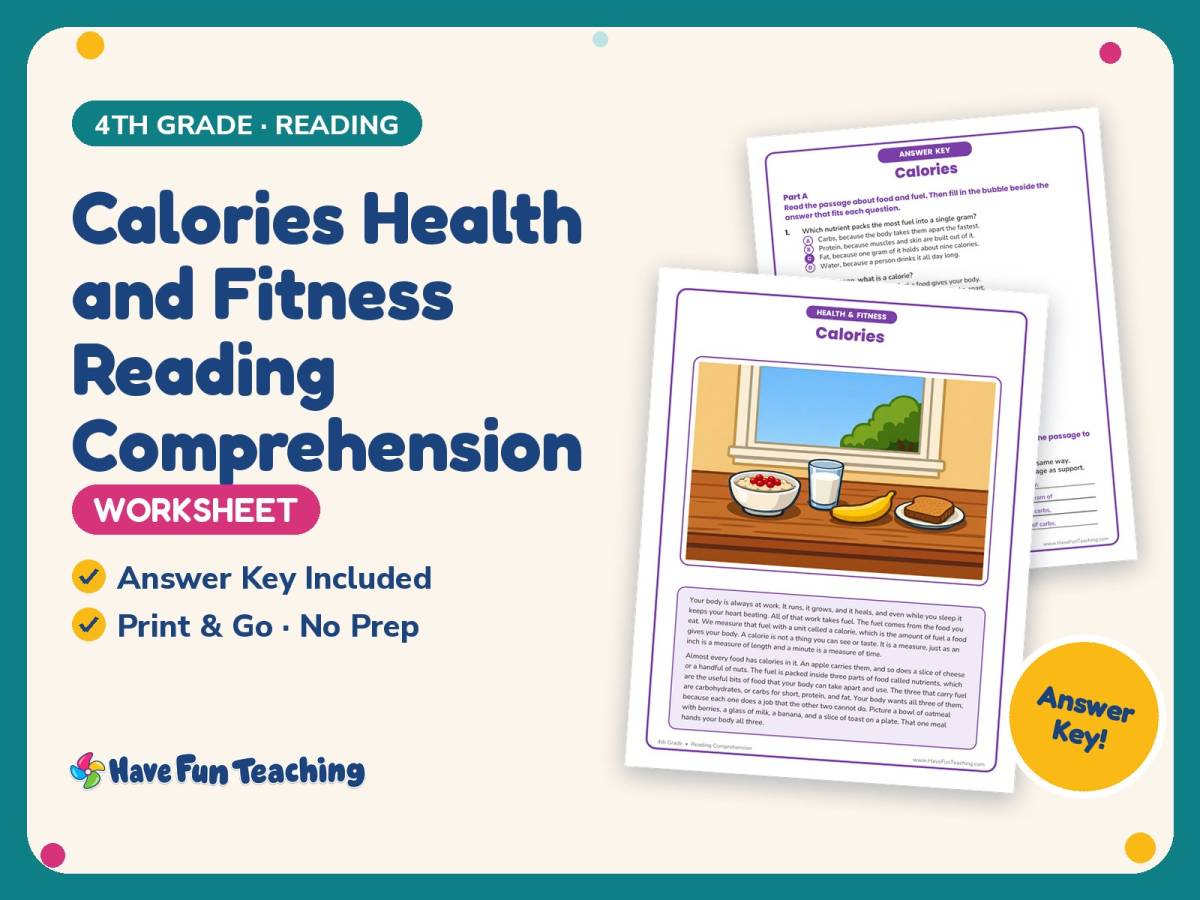 Calories Health and Fitness Reading Worksheet – 4th Grade Practice preview