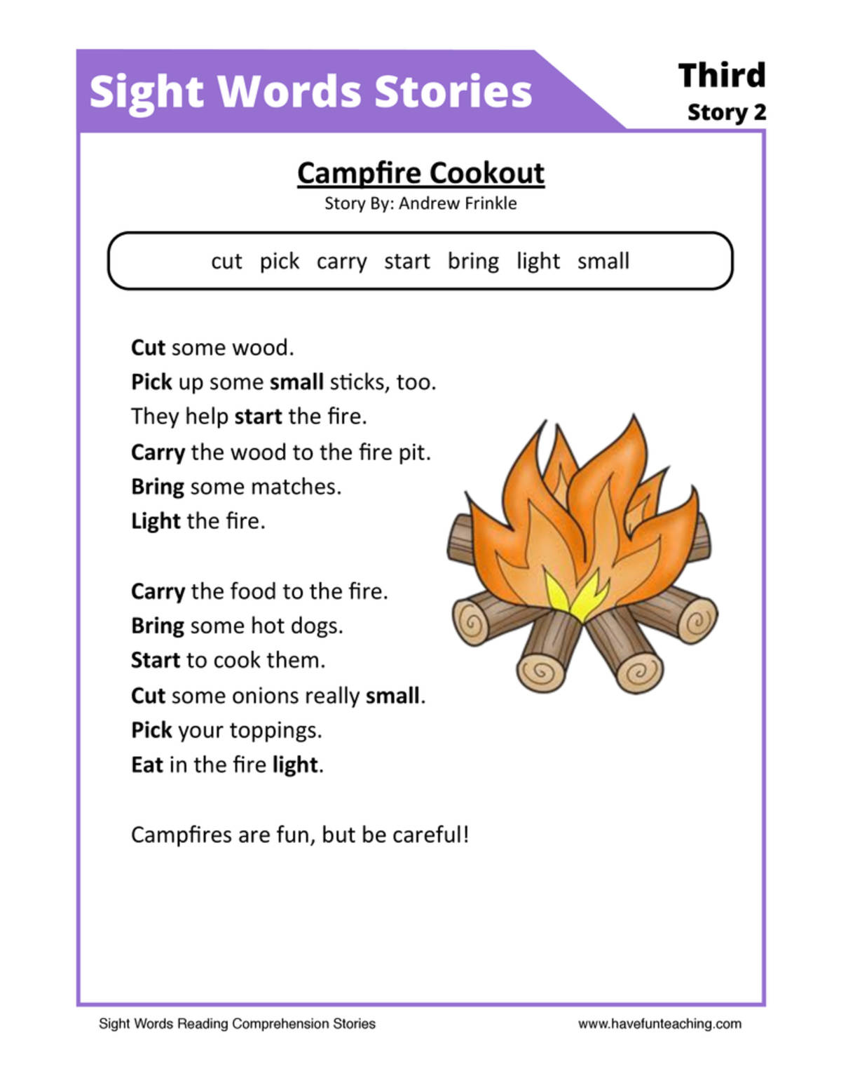 An educational teaching resource from Have Fun Teaching entitled Campfire Cookout Third Sight Words Reading Comprehension Worksheet downloadable at Teach Simple.