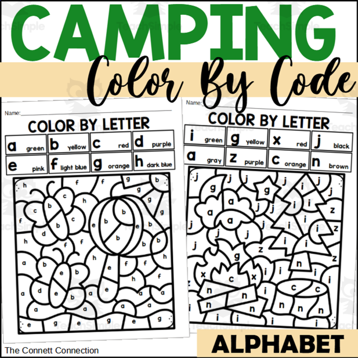 An educational teaching resource from The Connett Connection entitled Camping Alphabet Color by Code for Lowercase Letters downloadable at Teach Simple.