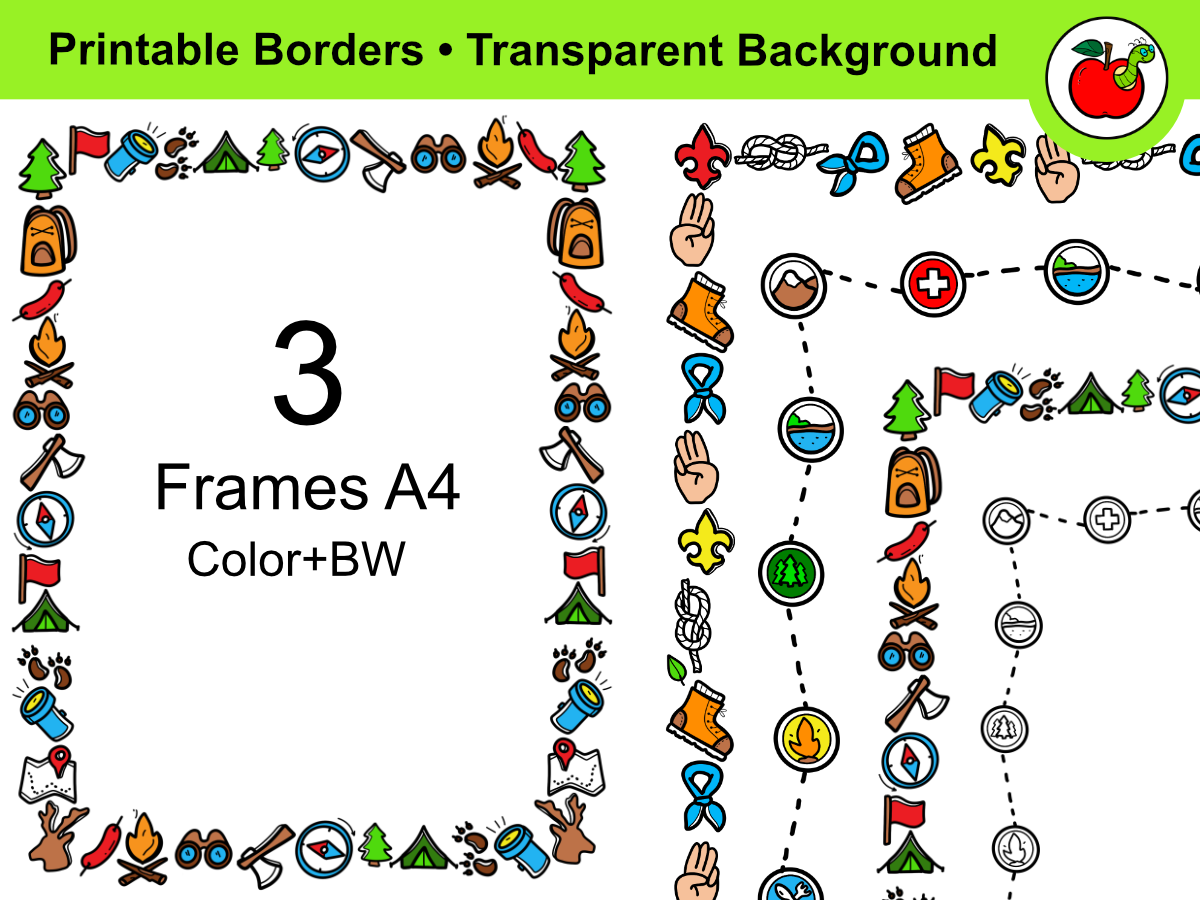 An educational teaching resource from Clipartino entitled Camping Frames – Printable Borders – Scout Borders-Summer Clipart downloadable at Teach Simple.