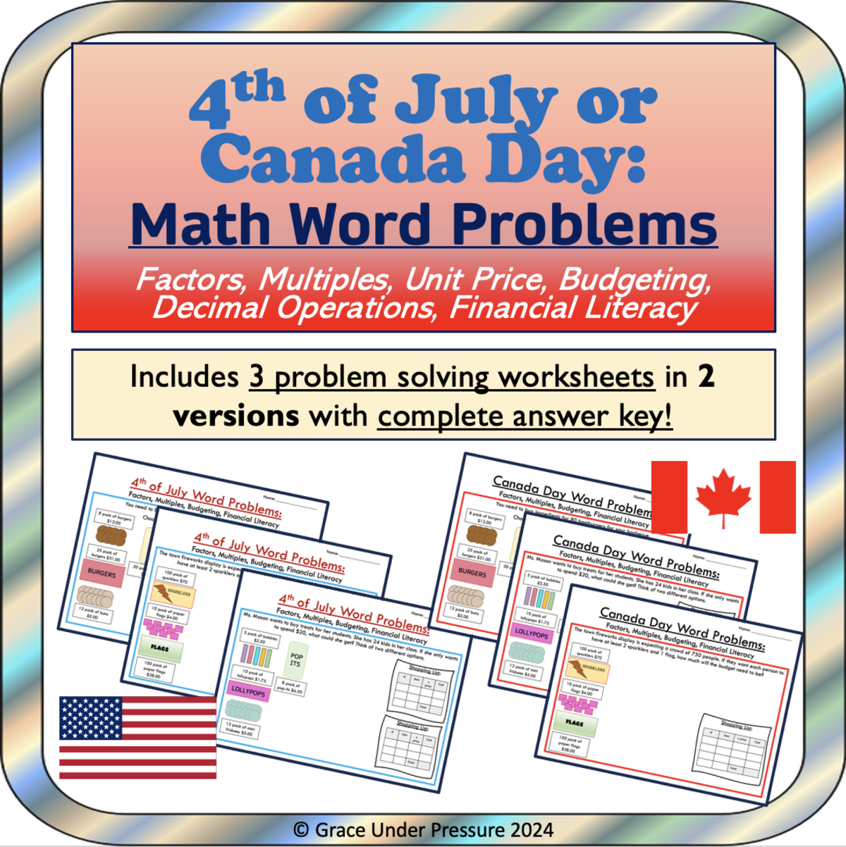 An educational teaching resource from Grace Under Pressure entitled Canada Day or 4th of July Math Word Problems: Budget, Rate, Factors downloadable at Teach Simple.