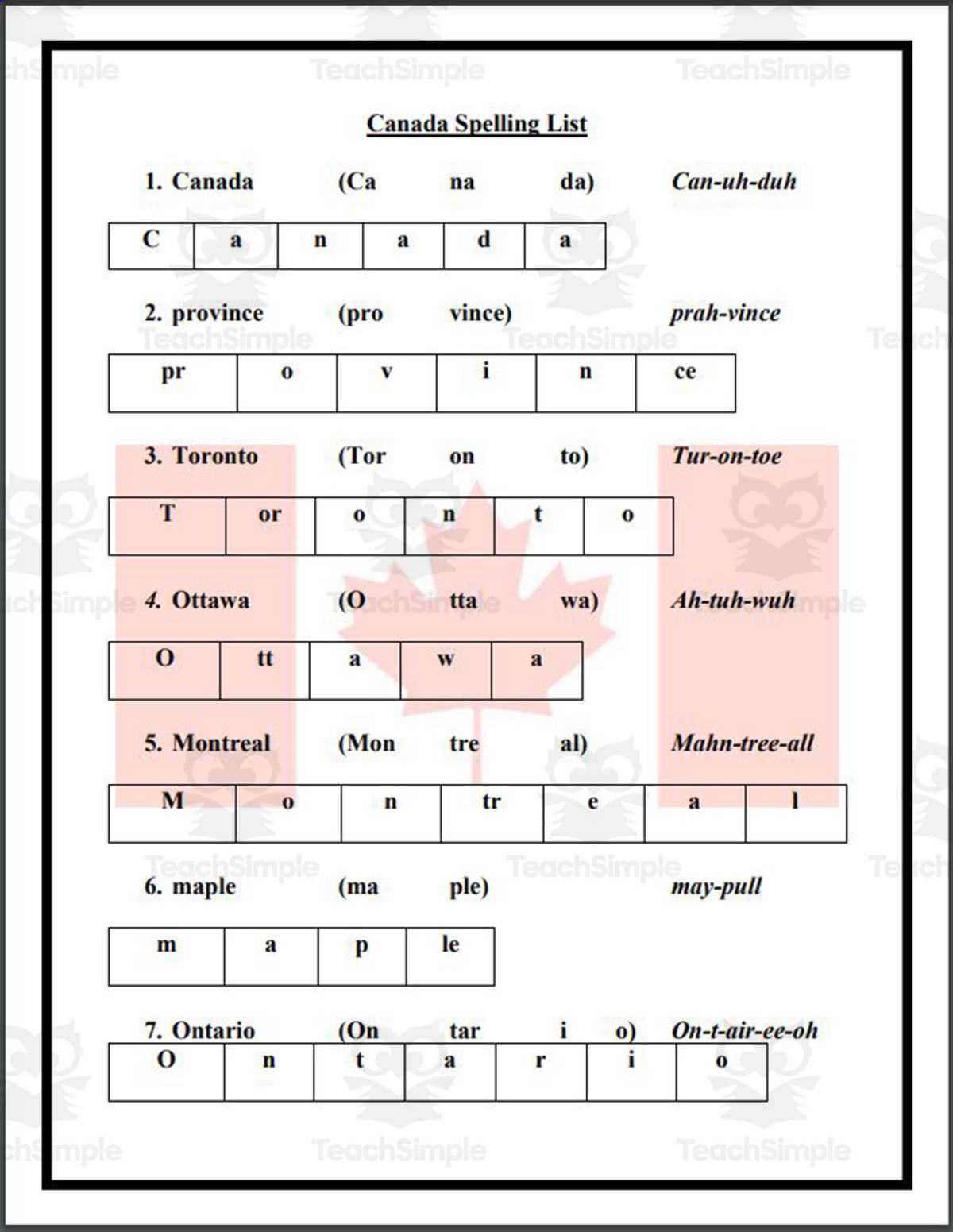 An educational teaching resource from Mr. Matthews Teacher Store entitled Canada Spelling List downloadable at Teach Simple.