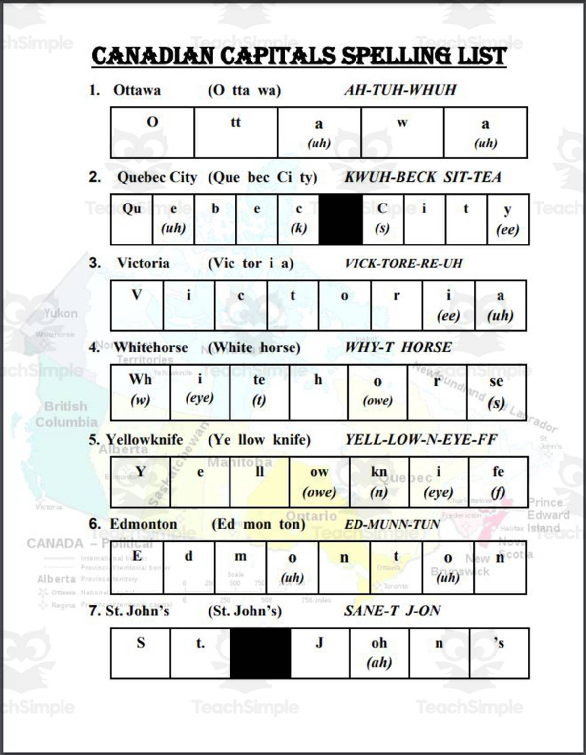 An educational teaching resource from Mr. Matthews Teacher Store entitled Canadian Capitals Spelling List downloadable at Teach Simple.