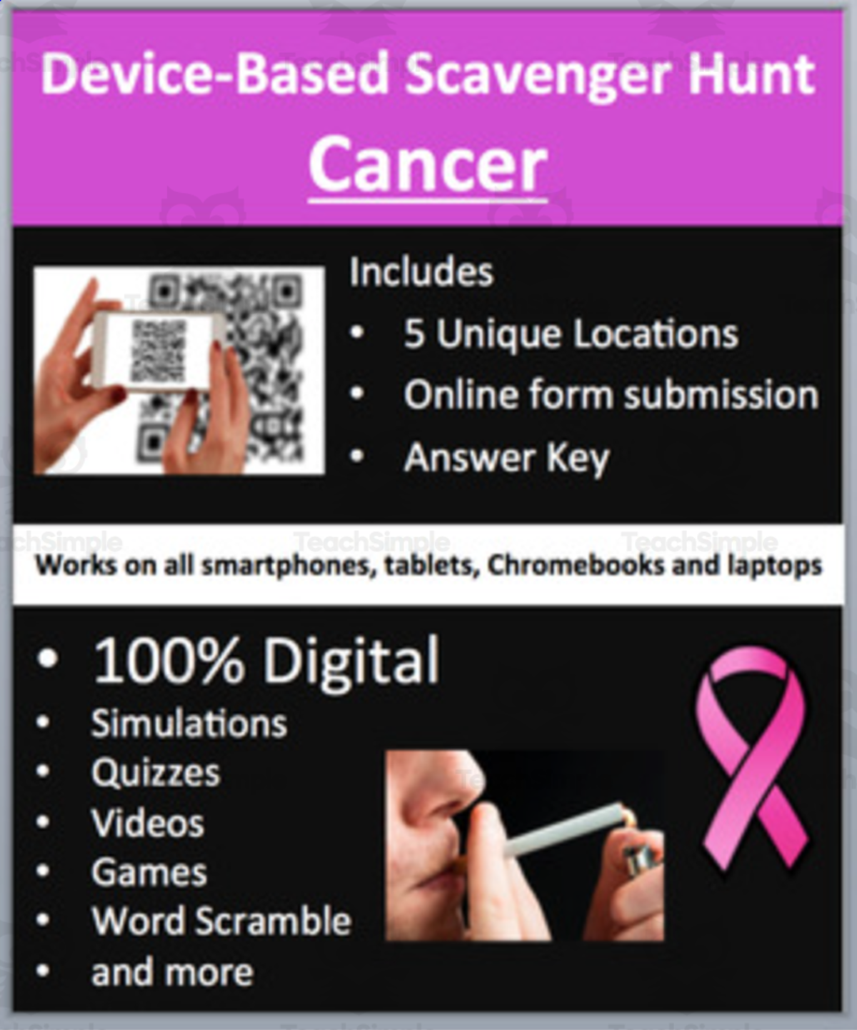An educational teaching resource from Teach With Fergy entitled Cancer – A Device-Based Scavenger Hunt Activity downloadable at Teach Simple.