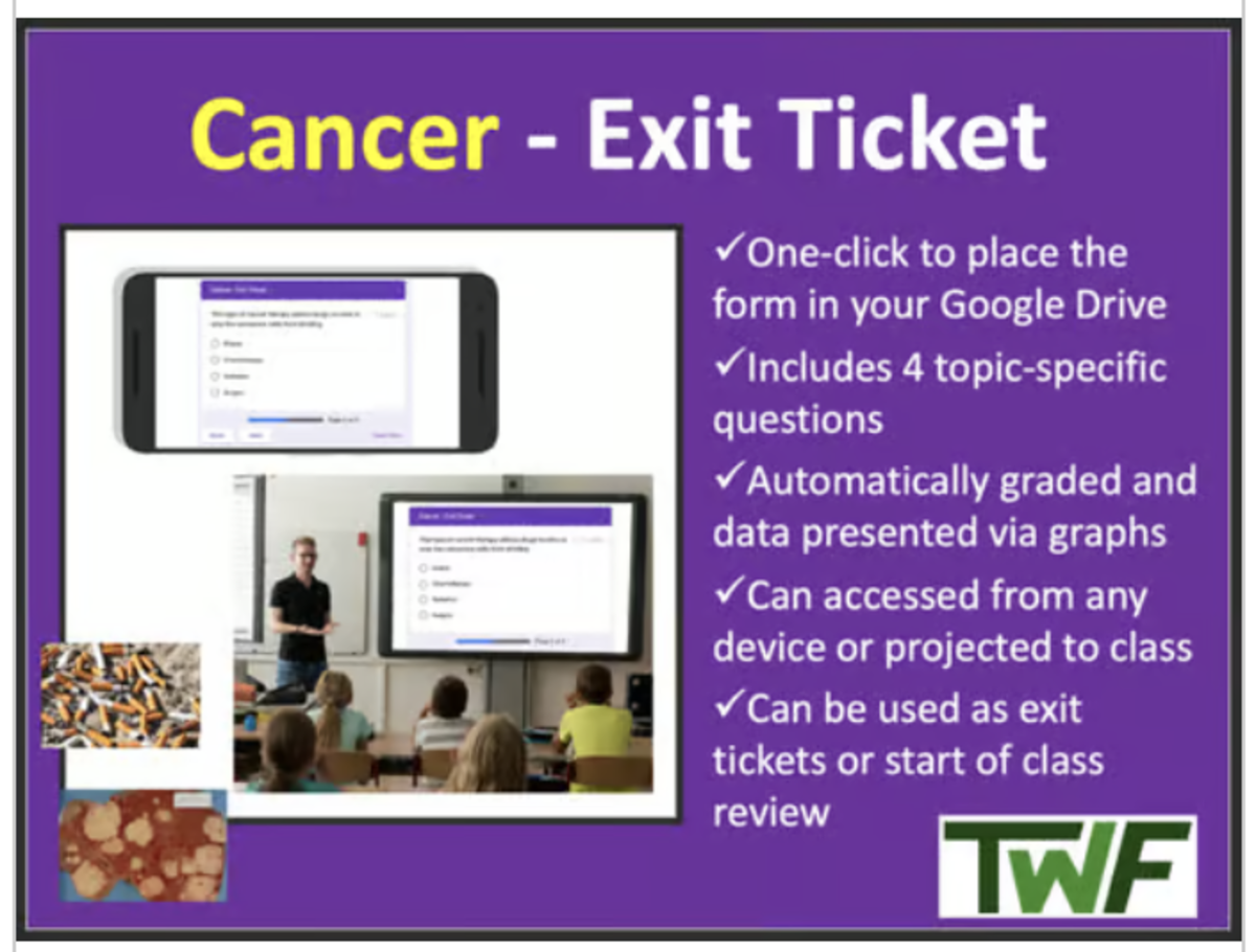An educational teaching resource from Teach With Fergy entitled Cancer - Digital Exit Ticket and Review Activity downloadable at Teach Simple.