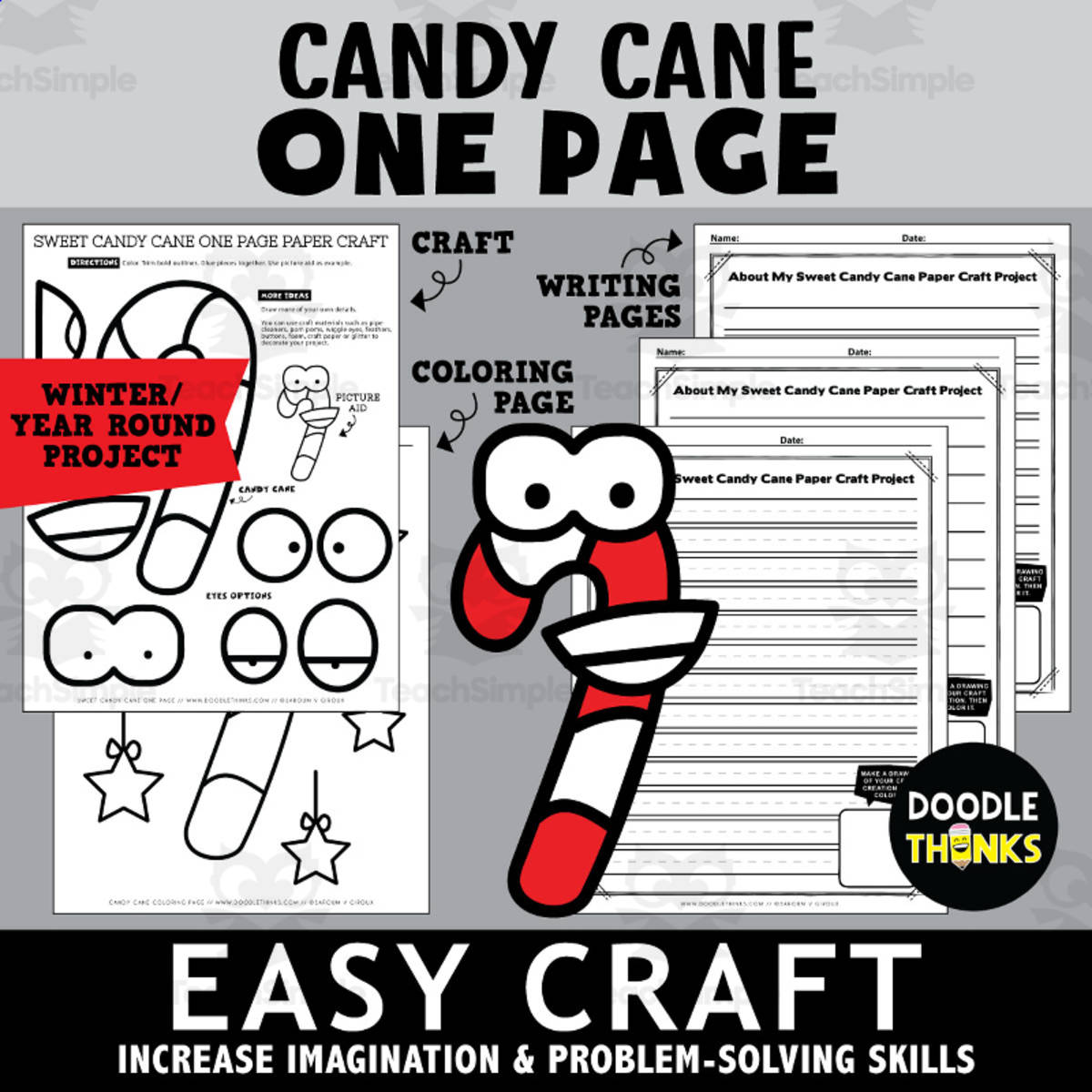 An educational teaching resource from Doodle Thinks entitled Candy Cane One Page Paper Craft Art Activities downloadable at Teach Simple.