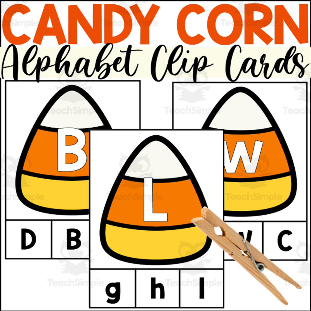An educational teaching resource from The Connett Connection entitled Candy Corn Alphabet Clip Cards downloadable at Teach Simple.