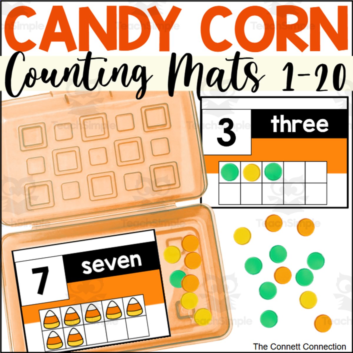 An educational teaching resource from The Connett Connection entitled Candy Corn Counting Cards 1-20 downloadable at Teach Simple.