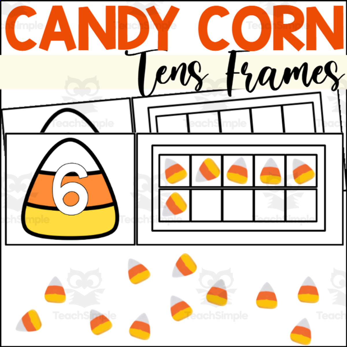 An educational teaching resource from The Connett Connection entitled Candy Corn Counting to 10 Tens Frames Task Cards downloadable at Teach Simple.