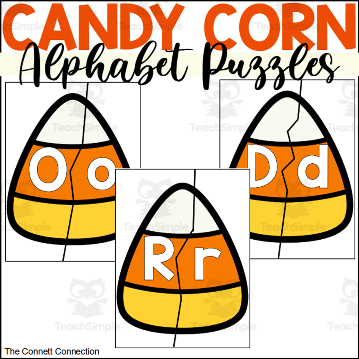 An educational teaching resource from The Connett Connection entitled Candy Corn Letter Puzzles downloadable at Teach Simple.