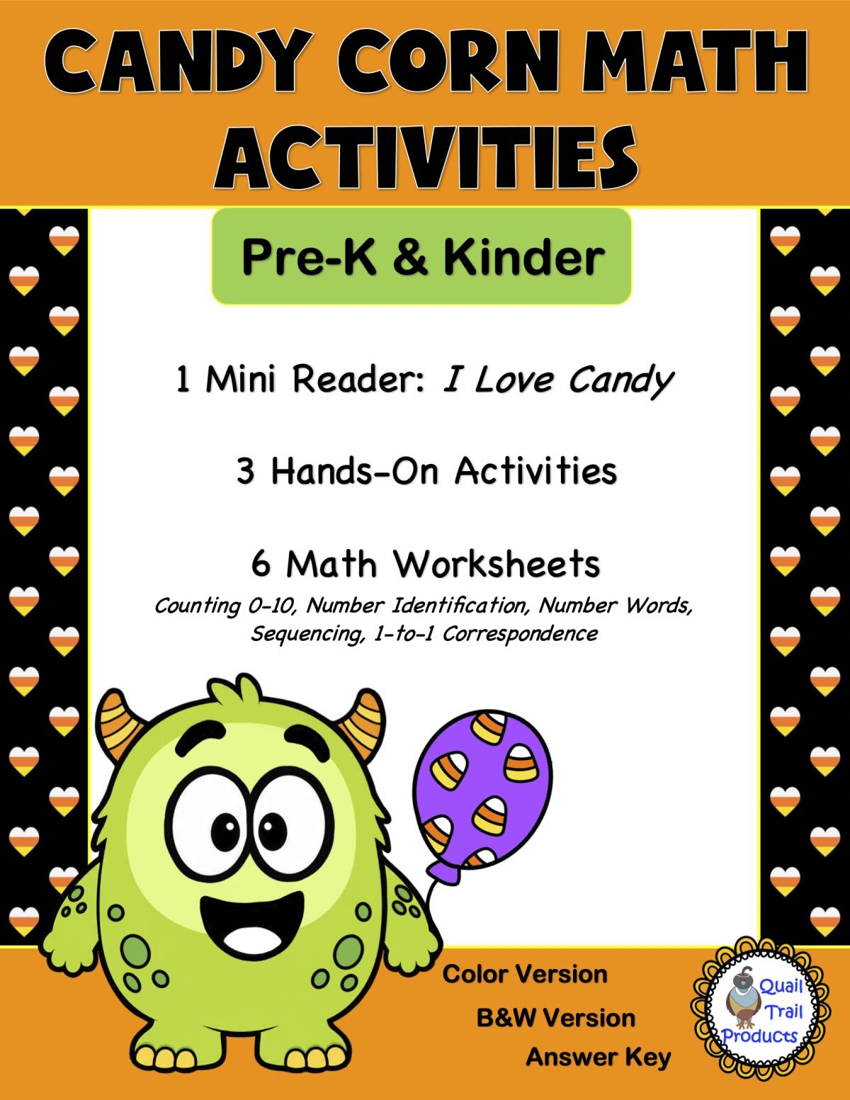 An educational teaching resource from Quail Trail Products entitled Candy Corn Mini Book and Math Activities downloadable at Teach Simple.
