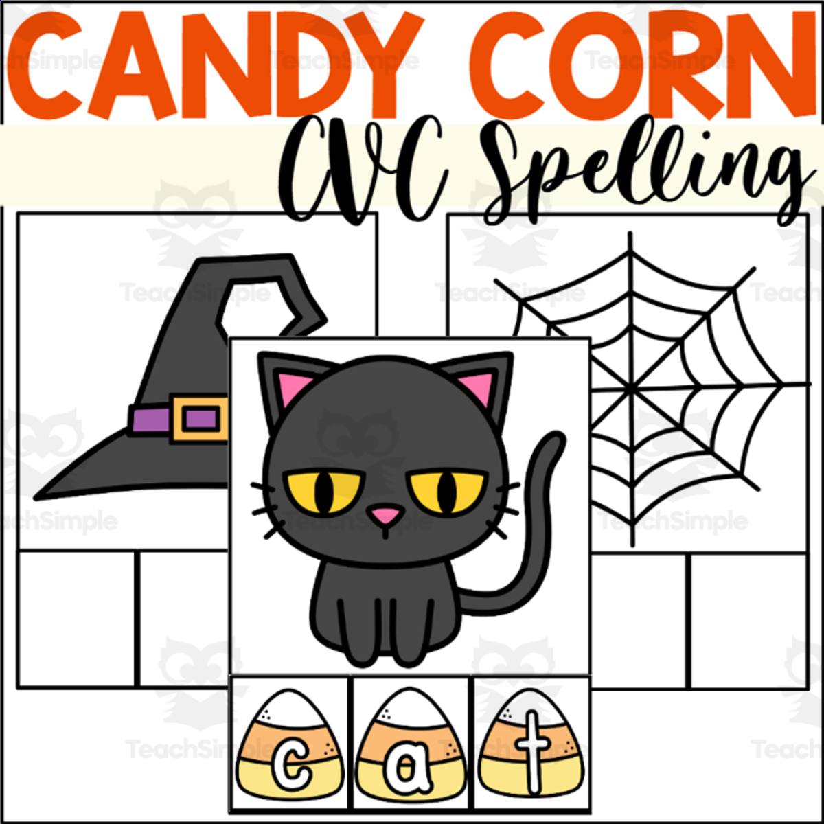 An educational teaching resource from The Connett Connection entitled Candy Corn Spelling CVC Word Cards downloadable at Teach Simple.