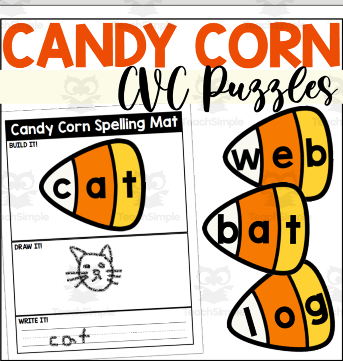 An educational teaching resource from The Connett Connection entitled Candy Corn Spelling CVC Word Puzzles downloadable at Teach Simple.