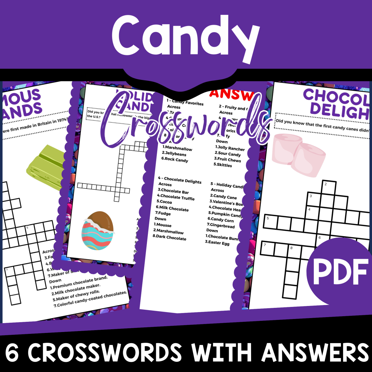 An educational teaching resource from Cored Education entitled Candy Crosswords (PDF) downloadable at Teach Simple.