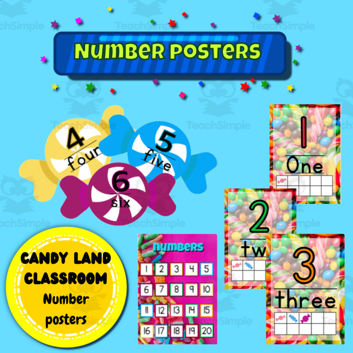 An educational teaching resource from Ezee 101 entitled Candy land classroom decoration number posters downloadable at Teach Simple.