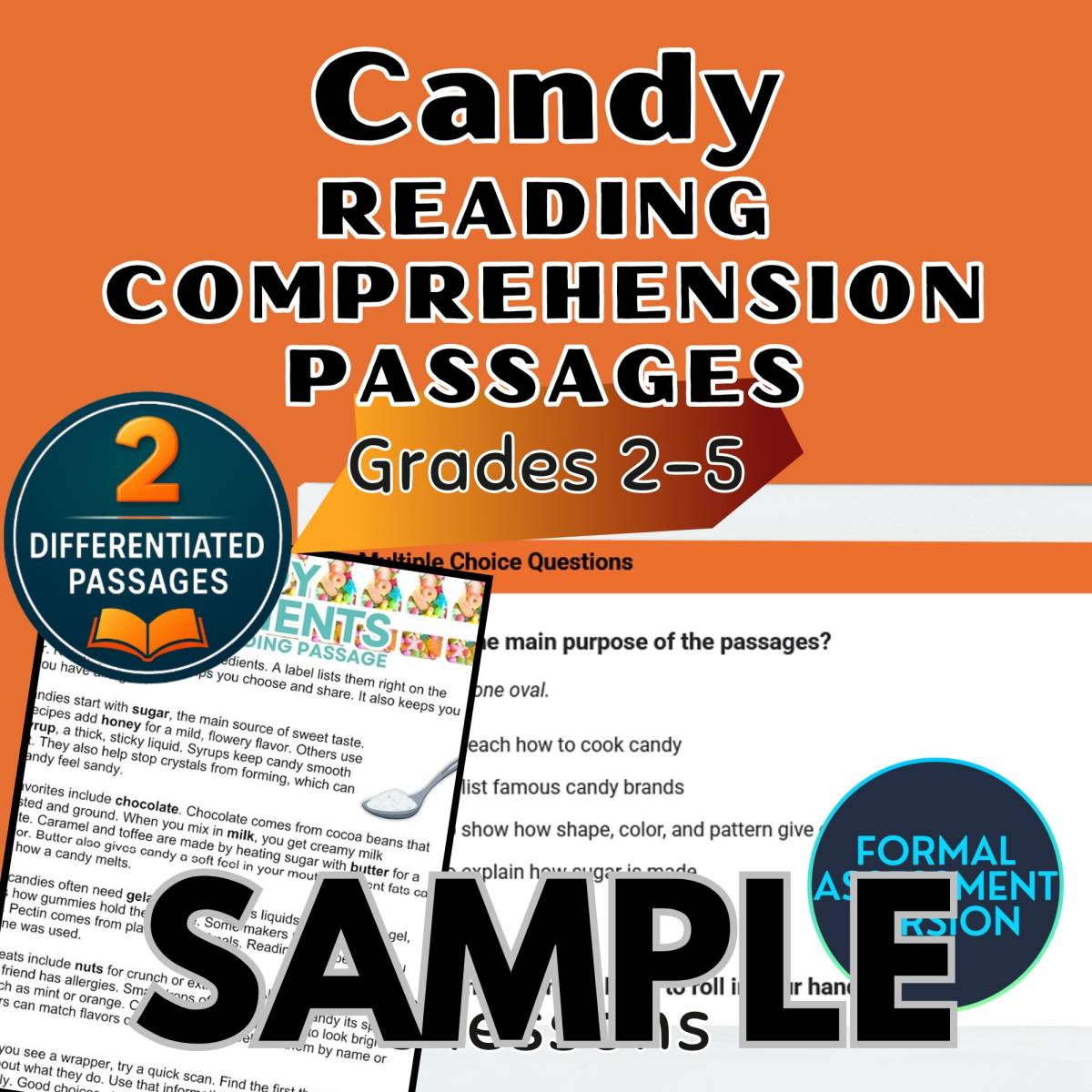An educational teaching resource from Cored Education entitled Candy Reading Comprehension 1 Lesson Sample Formal Assessments downloadable at Teach Simple.