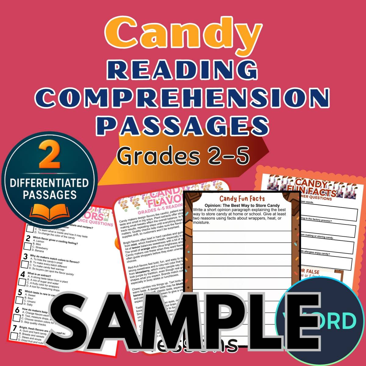 An educational teaching resource from Cored Education entitled Candy Reading Comprehension 1 Lesson Sample Word downloadable at Teach Simple.