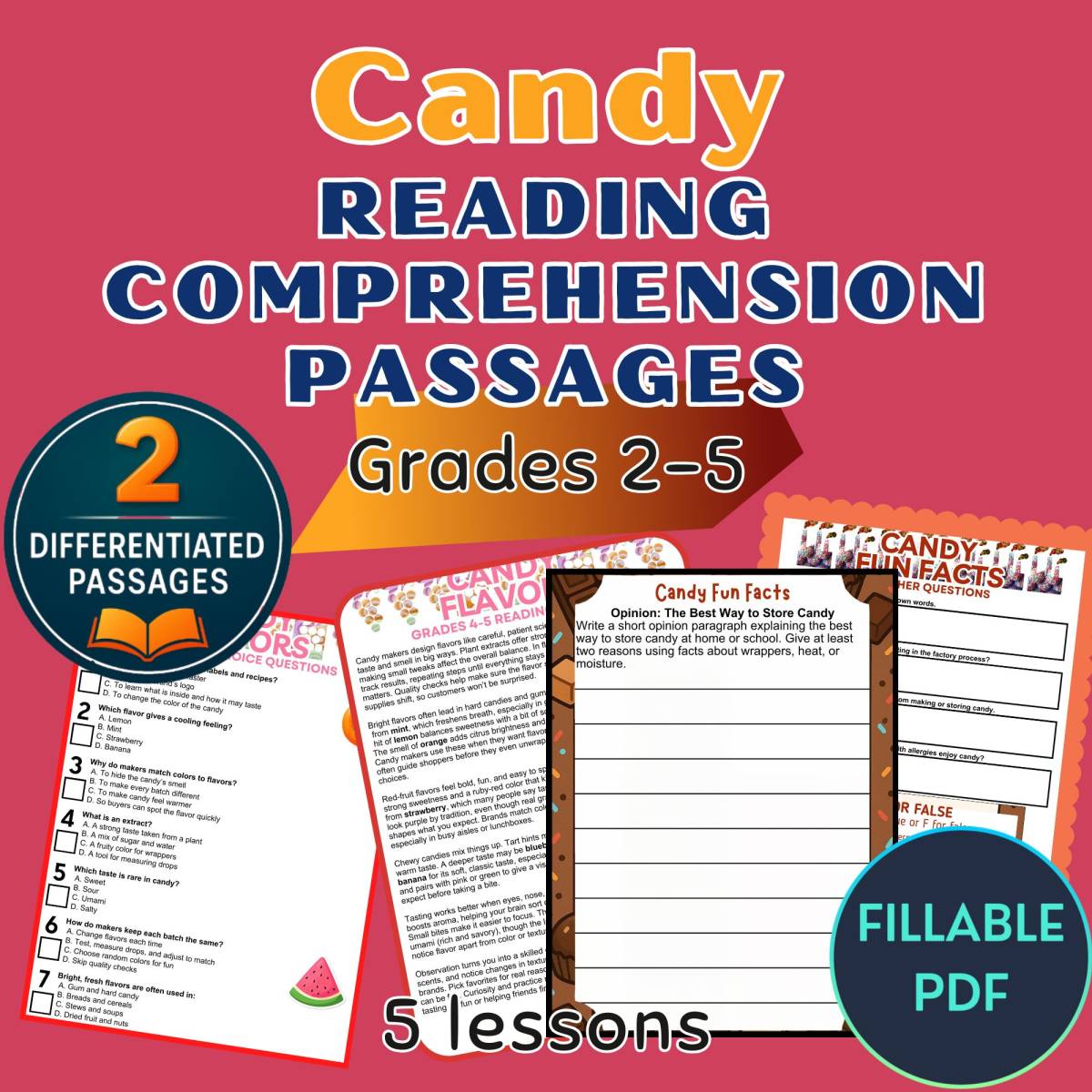 An educational teaching resource from Cored Education entitled Candy Reading Comprehension Passages and Questions Fillable PDF downloadable at Teach Simple.