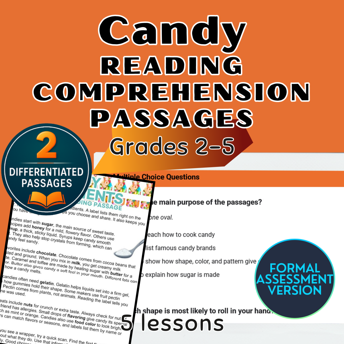 An educational teaching resource from Cored Education entitled Candy Reading Comprehension Passages and Questions Formal Assessments downloadable at Teach Simple.