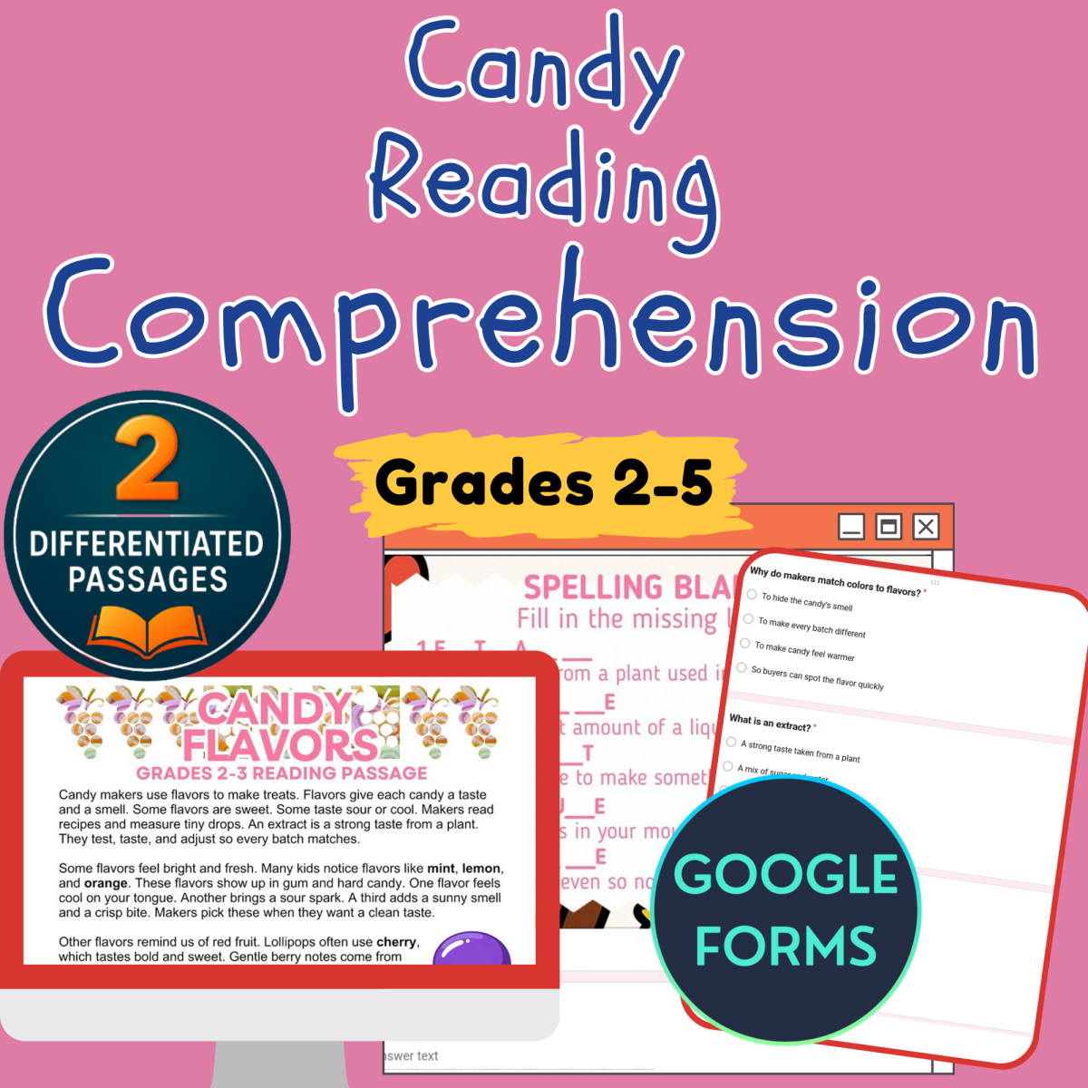 An educational teaching resource from Cored Education entitled Candy Reading Comprehension Passages and Questions Google Forms downloadable at Teach Simple.