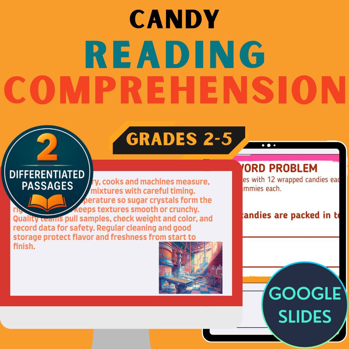 An educational teaching resource from Cored Education entitled Candy Reading Comprehension Passages and Questions Google Slides downloadable at Teach Simple.
