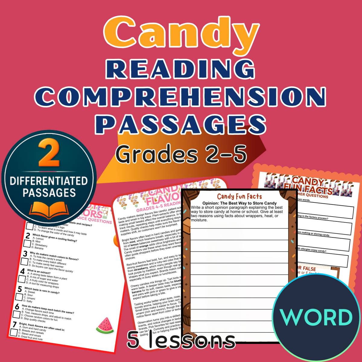 An educational teaching resource from Cored Education entitled Candy Reading Comprehension Passages and Questions Word downloadable at Teach Simple.
