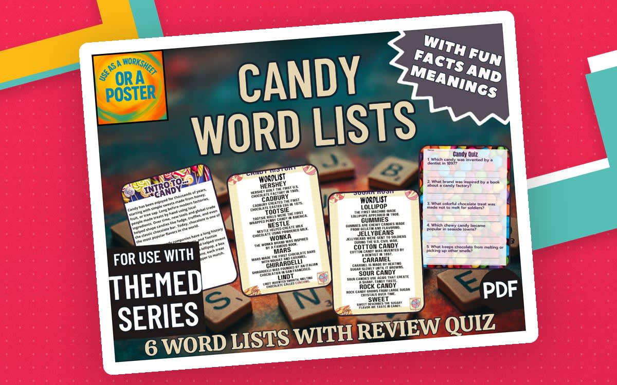Candy Word Lists cover with three poster previews, letter tiles, and text advertising six word lists with facts, meanings, and a review quiz.
