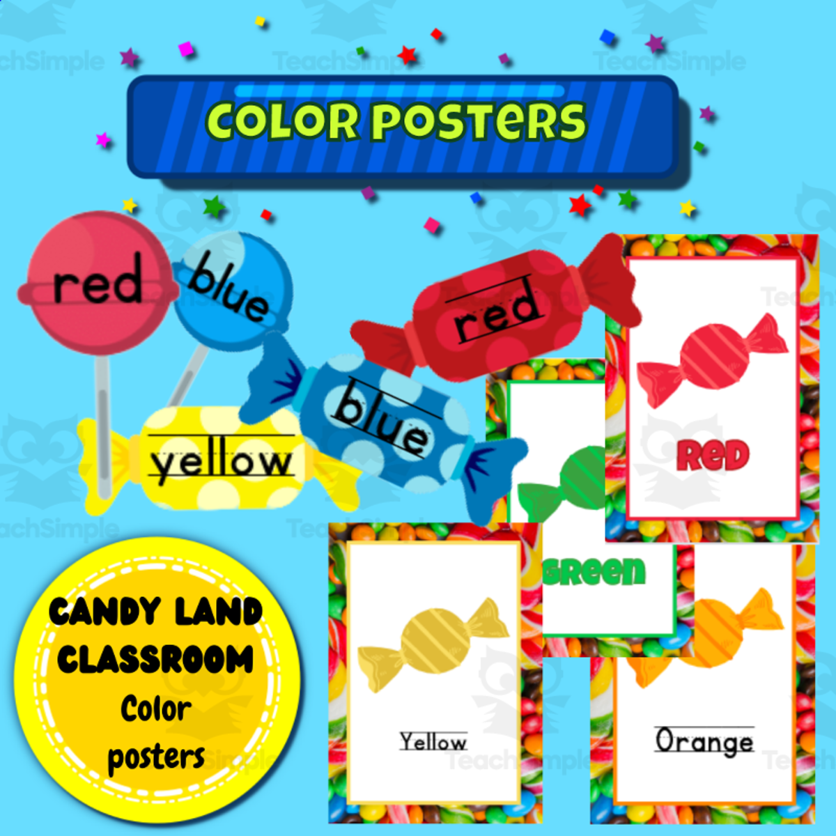 An educational teaching resource from Ezee 101 entitled Candyland classroom decoration color posters downloadable at Teach Simple.