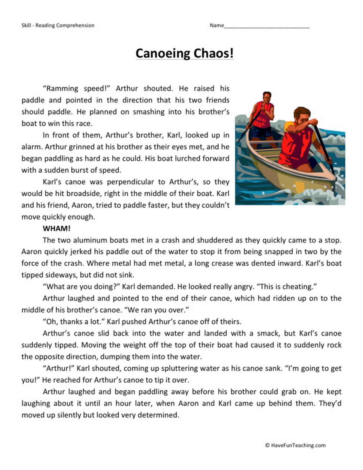 An educational teaching resource from Have Fun Teaching entitled Canoeing Chaos - Reading Comprehension Worksheet downloadable at Teach Simple.