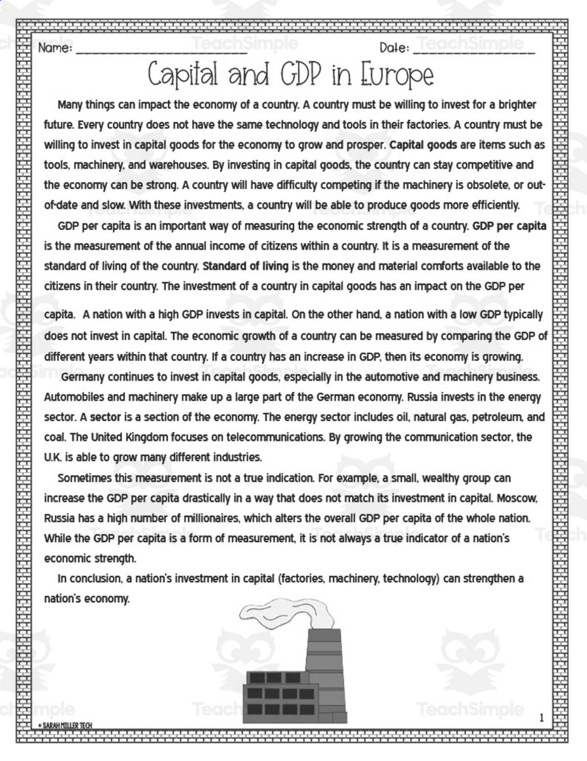 An educational teaching resource from Sarah Miller Tech entitled Capital + GDP in Europe Reading Packet downloadable at Teach Simple.