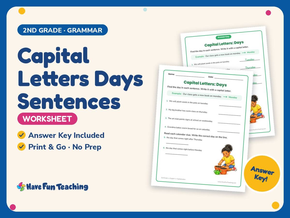 Capital Letters Days Sentences Worksheet – 2nd Grade Capitalization preview