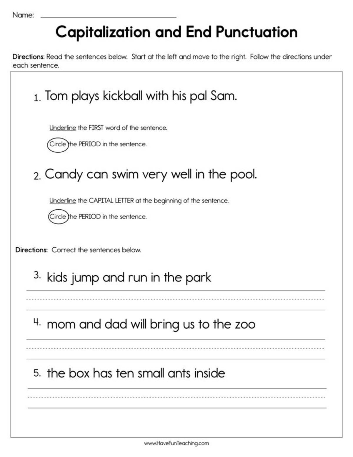 An educational teaching resource from Have Fun Teaching entitled Capitalization and End Punctuation Worksheet downloadable at Teach Simple.