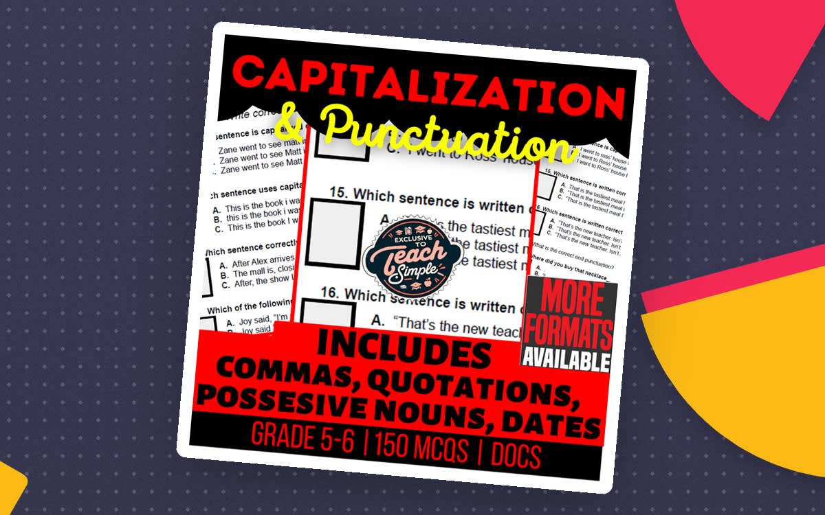 Capitalization and Punctuation practice cover with multiple-choice question previews and labels for commas, quotations, possessives, nouns, and dates.