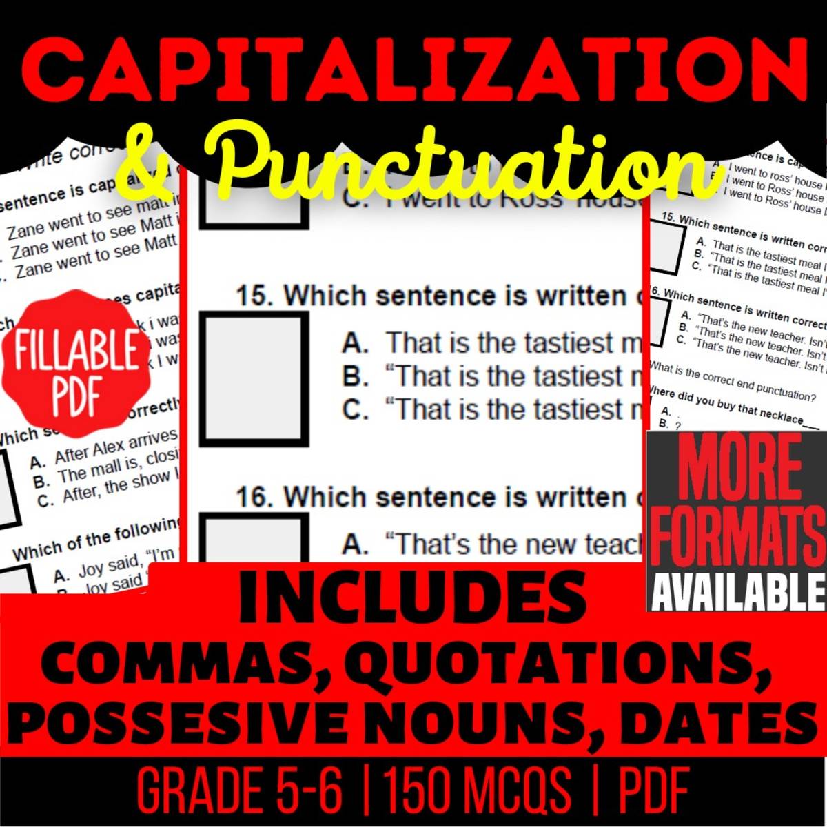 An educational teaching resource from Cored Education entitled Capitalization and Punctuation Practice Questions Grade 5-6 (Fillable) downloadable at Teach Simple.