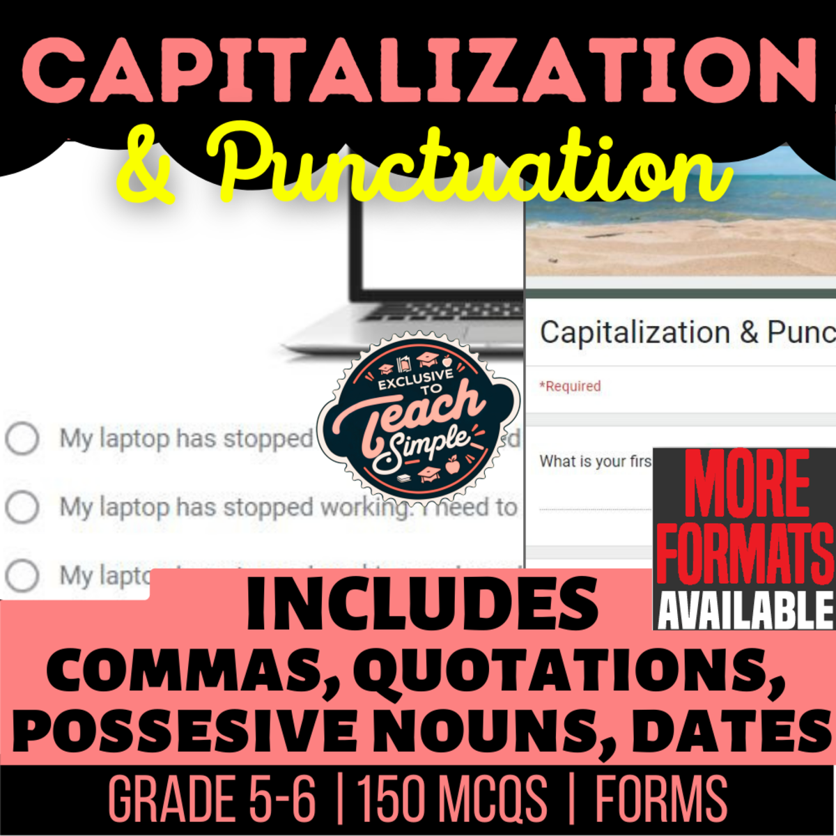 An educational teaching resource from Cored Education entitled Capitalization and Punctuation Practice Questions Grade 5-6 (Forms) downloadable at Teach Simple.