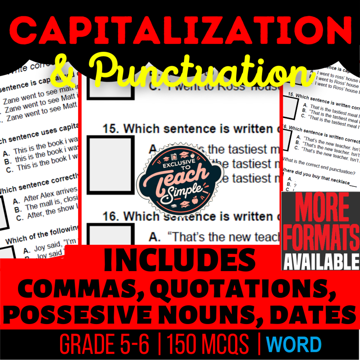 An educational teaching resource from Cored Education entitled Capitalization and Punctuation Practice Questions Grade 5-6 (Word) downloadable at Teach Simple.